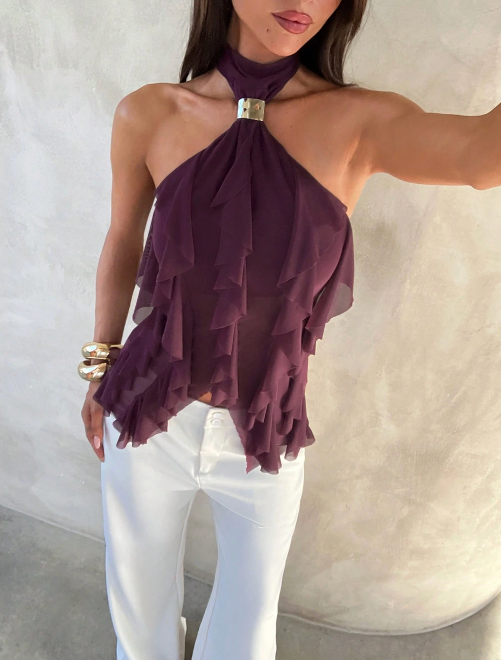 High-Neck Multi-Layer Ruffle Tee - Sophistication in Every Layer.