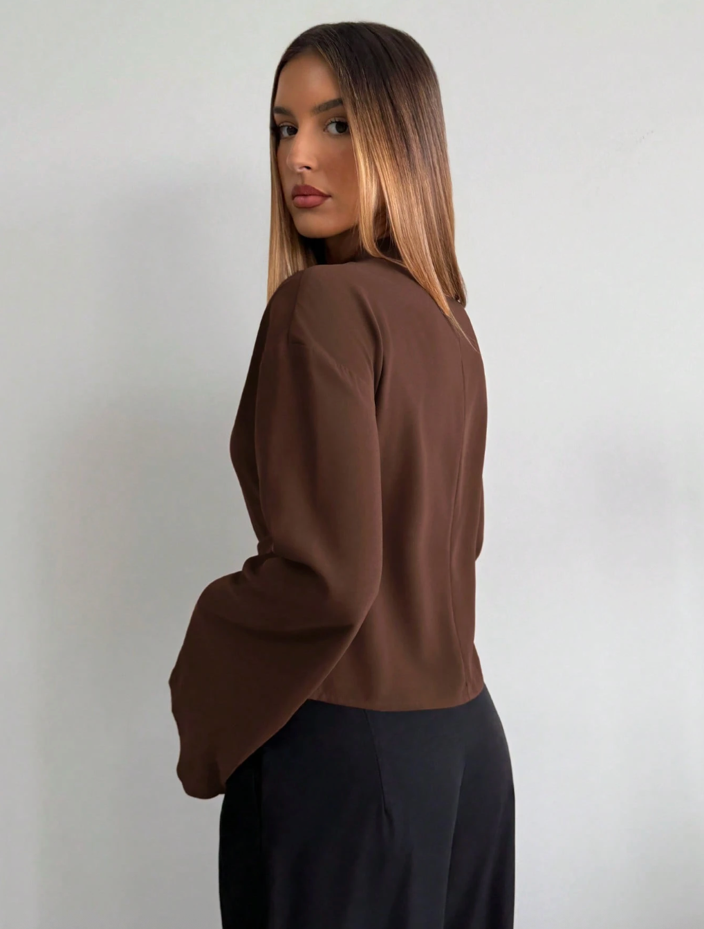 Espresso Bell-Sleeve Blouse - Rich Tones. Dramatic Sleeves. Pure Sophistication.