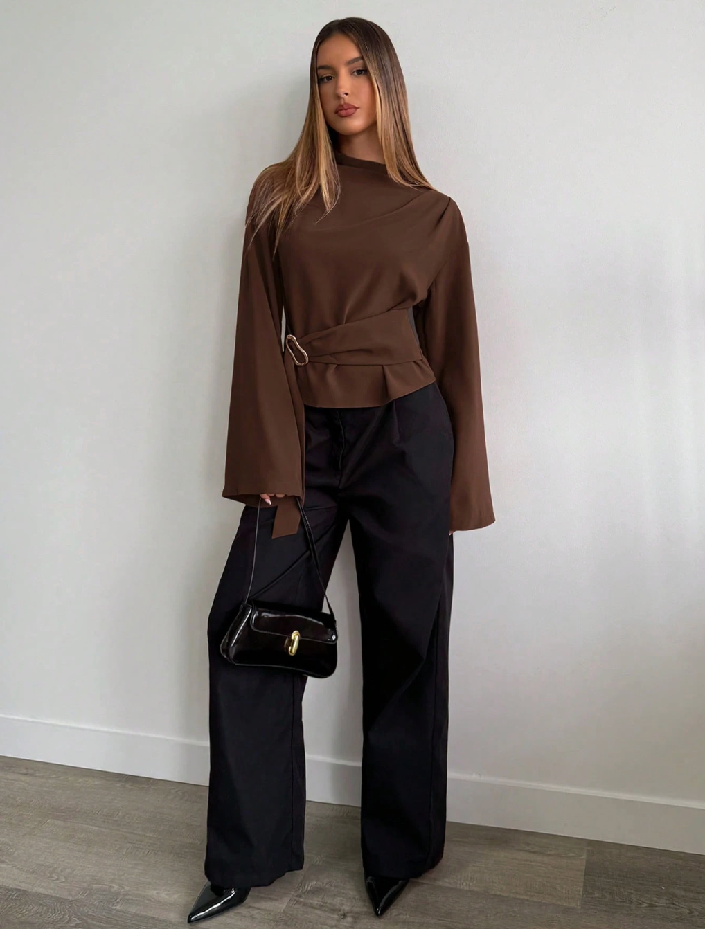 Espresso Bell-Sleeve Blouse - Rich Tones. Dramatic Sleeves. Pure Sophistication.